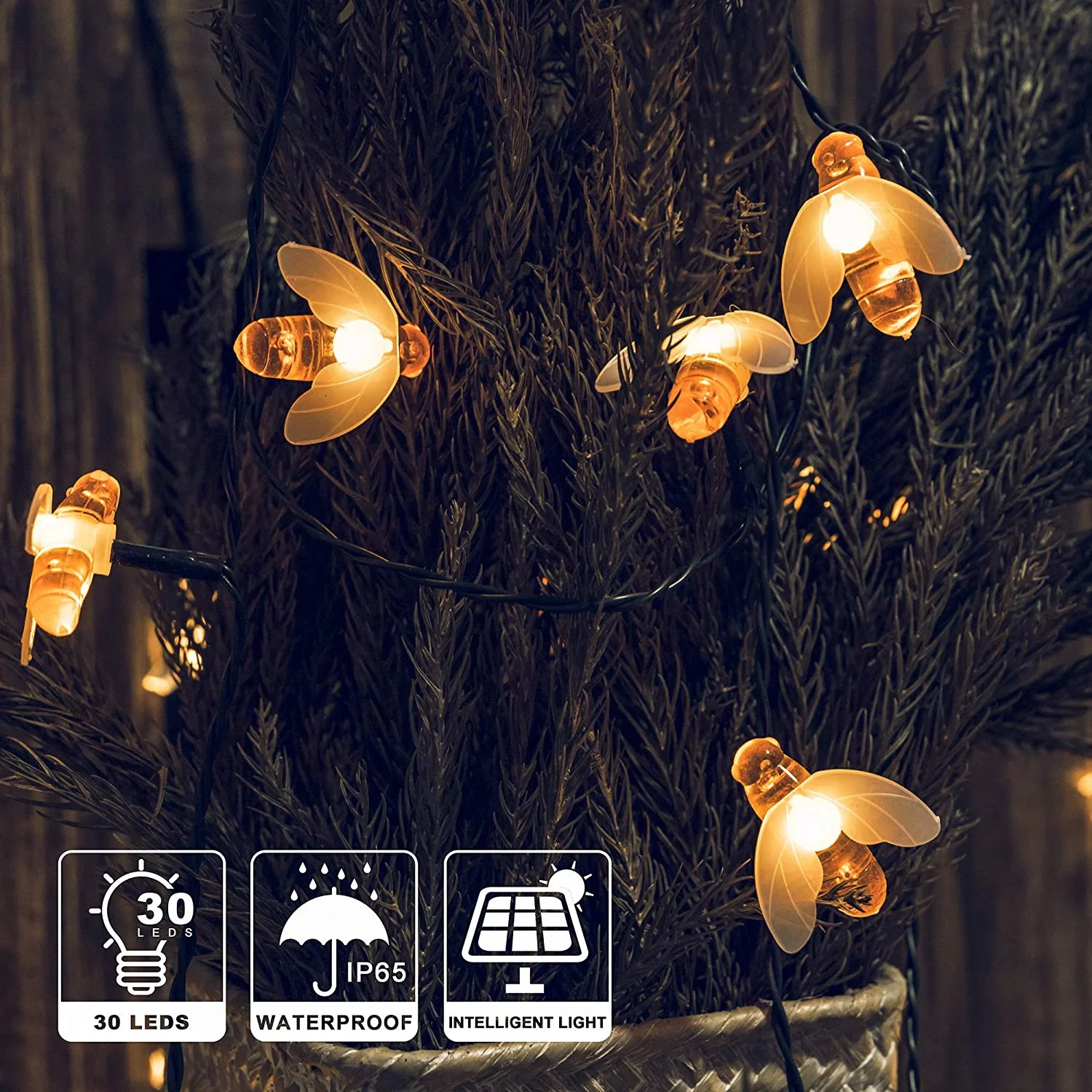 30LED ไฟประดับผึ้งพลังงานแสงอาทิตย์กลางแจ้ง 21.3 ฟุต 8 โหมดสีขาวนวลกันน้ำงานแต่งงานตกแต่งงานปาร์ตี้คริสต์มาส