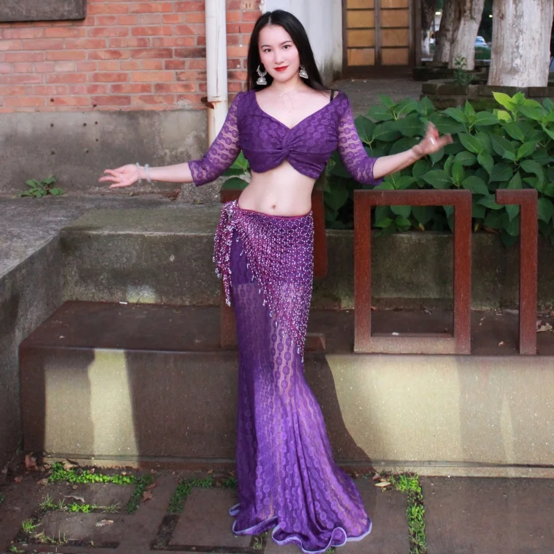 بدلة أداء الرقص الشرقي مجموعة دانتيل مثيرة راقية للبالغين ملابس ممارسة الرقص الشرقي الاحترافية ملابس تدريب الرقص