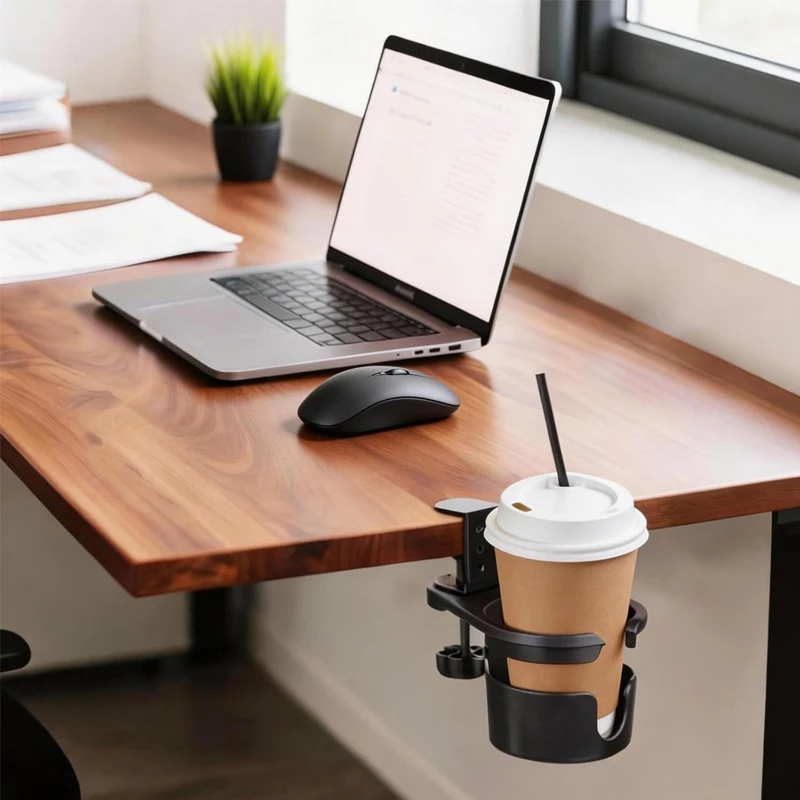 360° Rotating Desk Cup Holder Clamp Anti-Spill Clip on Table Cup Holder Rotatable Water Bottle Stand Drink Coffee Mug Storage