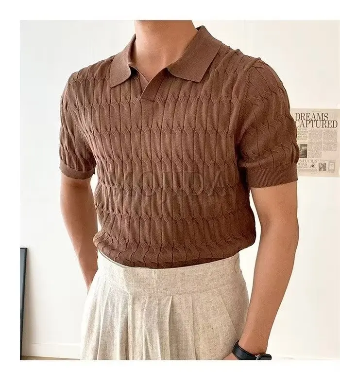Summer Short Sleeve T-Shirt Sexy V-Neck Knitted Men's Polo Shirt Slim Fit Lapel Knitted Short Sleeve