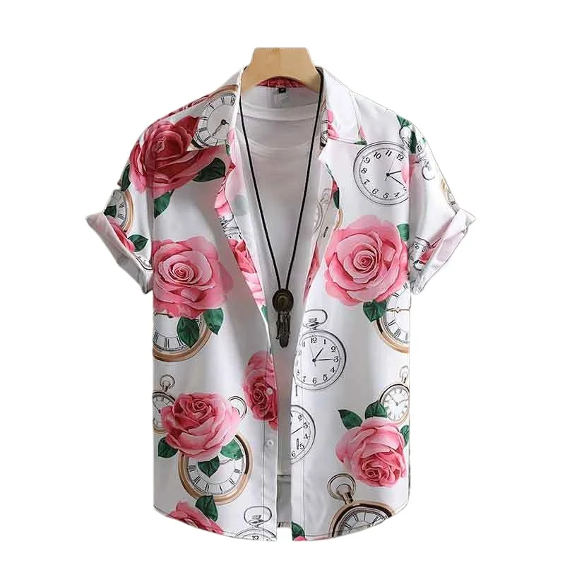 Rose Clock Pattern Casual Short Sleeve Shirt, Men's Hawaiian Shirt For Summer Vacation Resort