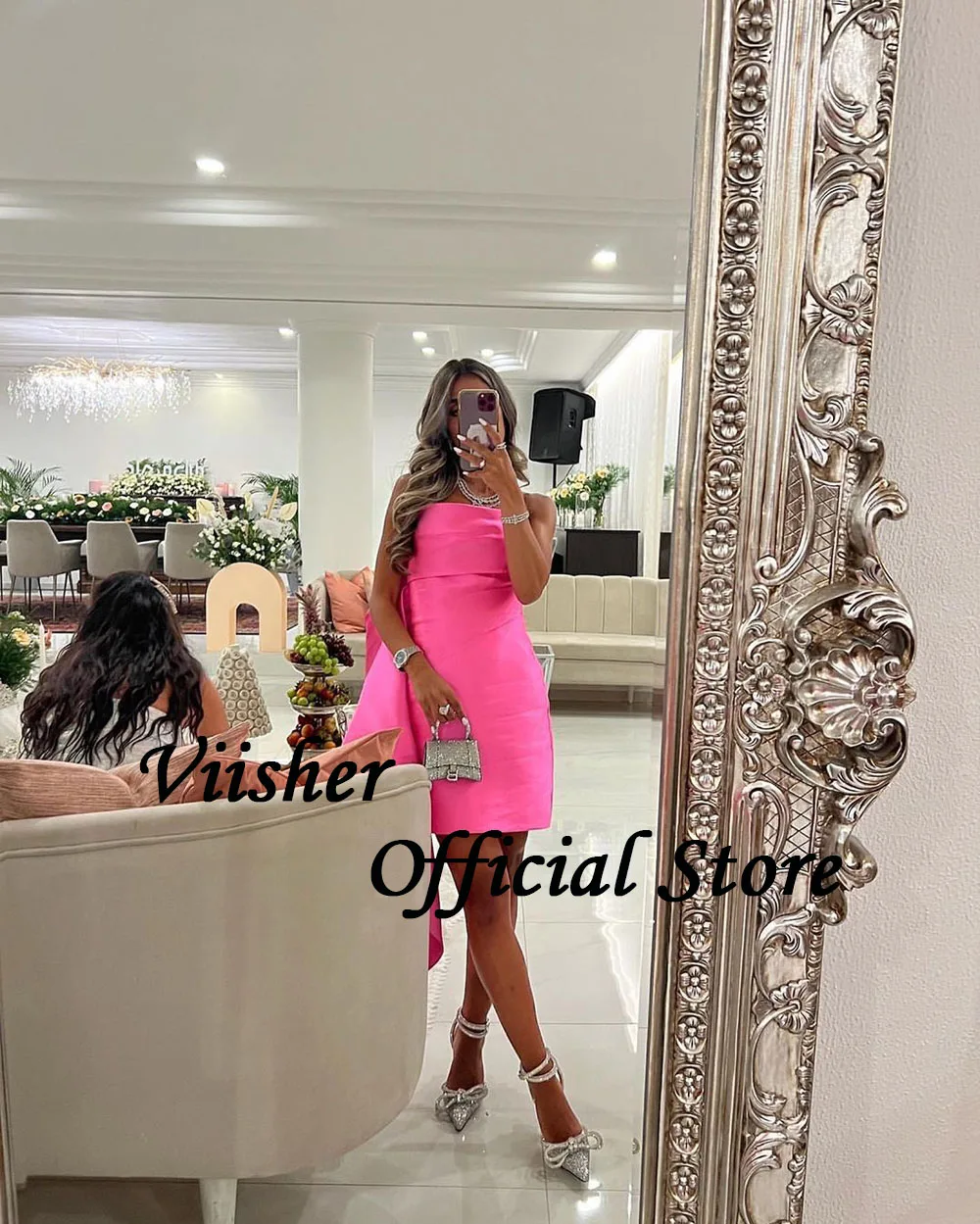 Viisher Pink Short Prom Party Dresses Pleats Satin Strapless Evening Dress with Train Sexy Cocktail Gala Gowns Night Club Wear