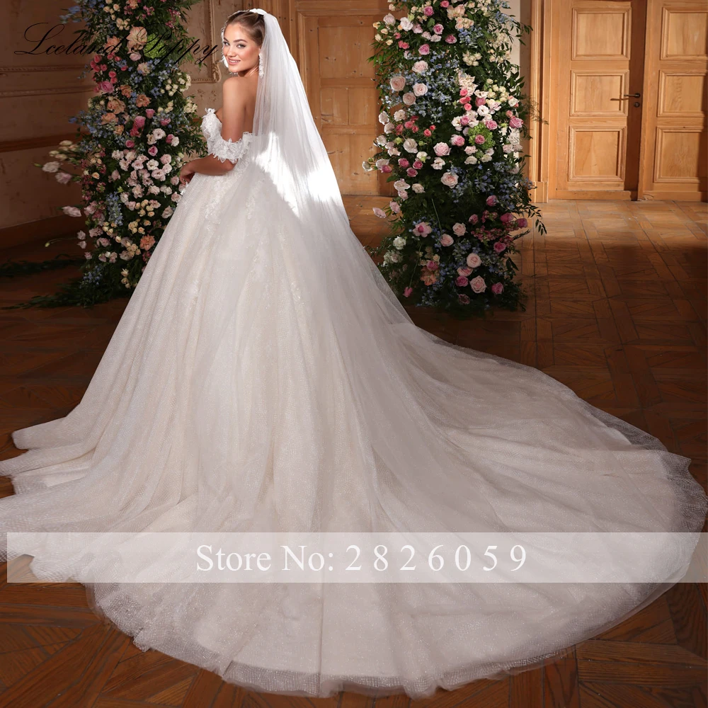 Lceland Poppy Ball Gown Lace Wedding Dresses Off the Shoulder Glitter Tulle Floor Length Bridal Gowns with Chapel Train