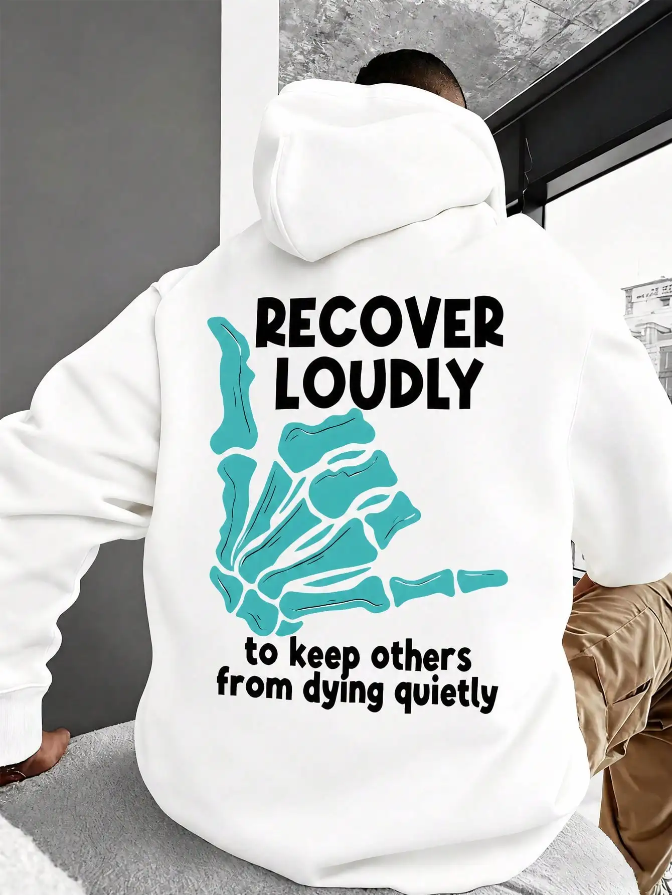 Men's Skeleton Hand Slogan Back Print Pullover Hoodie, Loose Long‑Sleeve Hooded Sweatshirt, Casual Streetwear For Daily Wear & Weekend Hangout