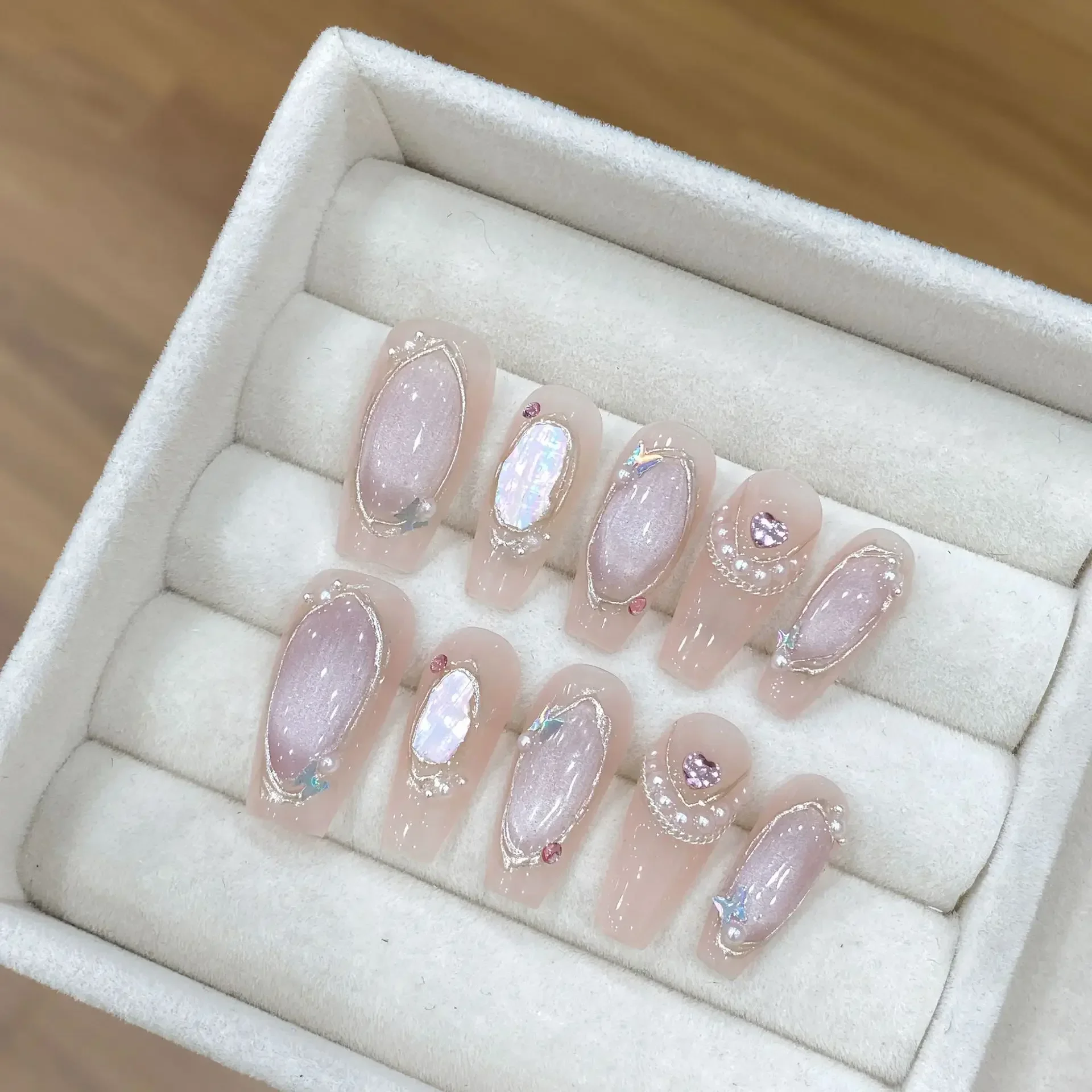 

10Pc Crystal cat eye Handmade Press on Nails Long shell Fake Nail with Pearl Rhinestone French Wearable Manicure False Nail Tips