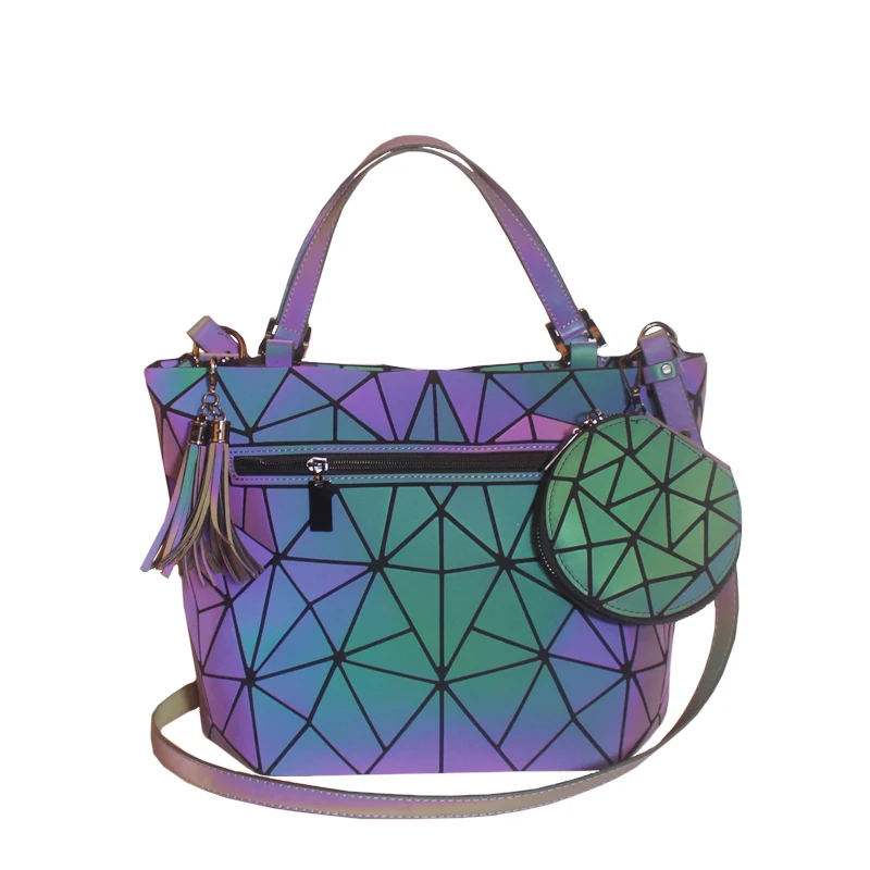 

Set Women Handbag Tote Purse 2Pcs Geometric Folding Shoulder Bags Female Crossbody Bag Ladies Luminous Bucket Bag Handbags