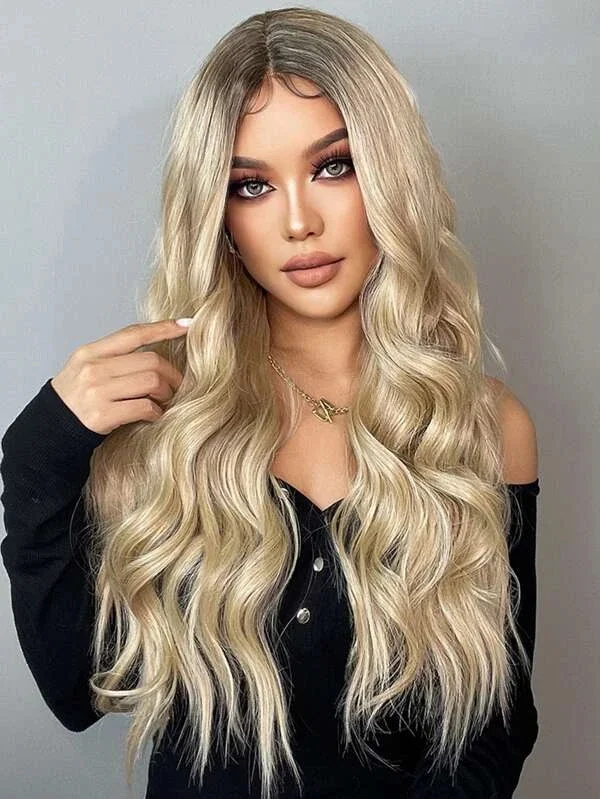 Perruque Lace Front Wig synthétique longue et ondulée ombrée, perruques blondes claires pour femmes, cheveux quotidiens résistants à la chaleur, 28 pouces, densité 180%