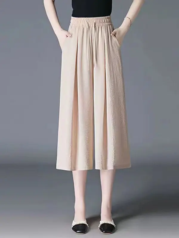 Pantalon à jambes larges en soie glacée pour femmes, jupe fine et ample drapée, décontracté, coréen, taille haute, en Fiber de Polyester, été