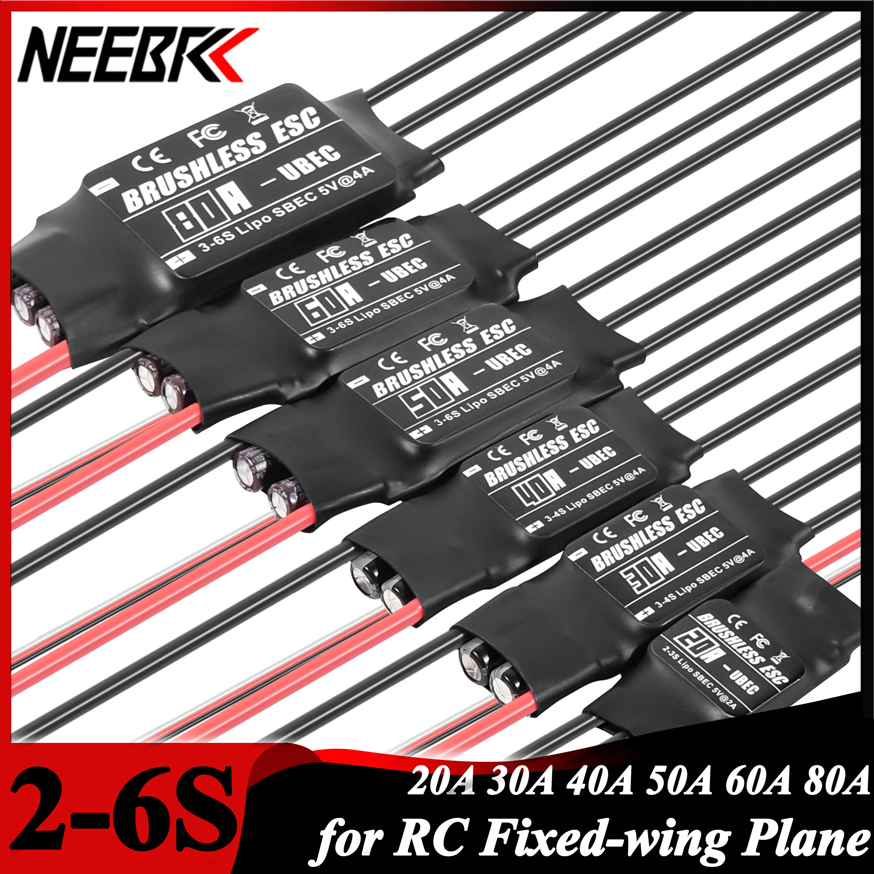 NEEBRC 20A 30A 40A 50A 60A 80A Brushless Programming ESC UBEC Speed Controller 2-6S for RC Fixed-wing Multicopter Plane FPV Dron