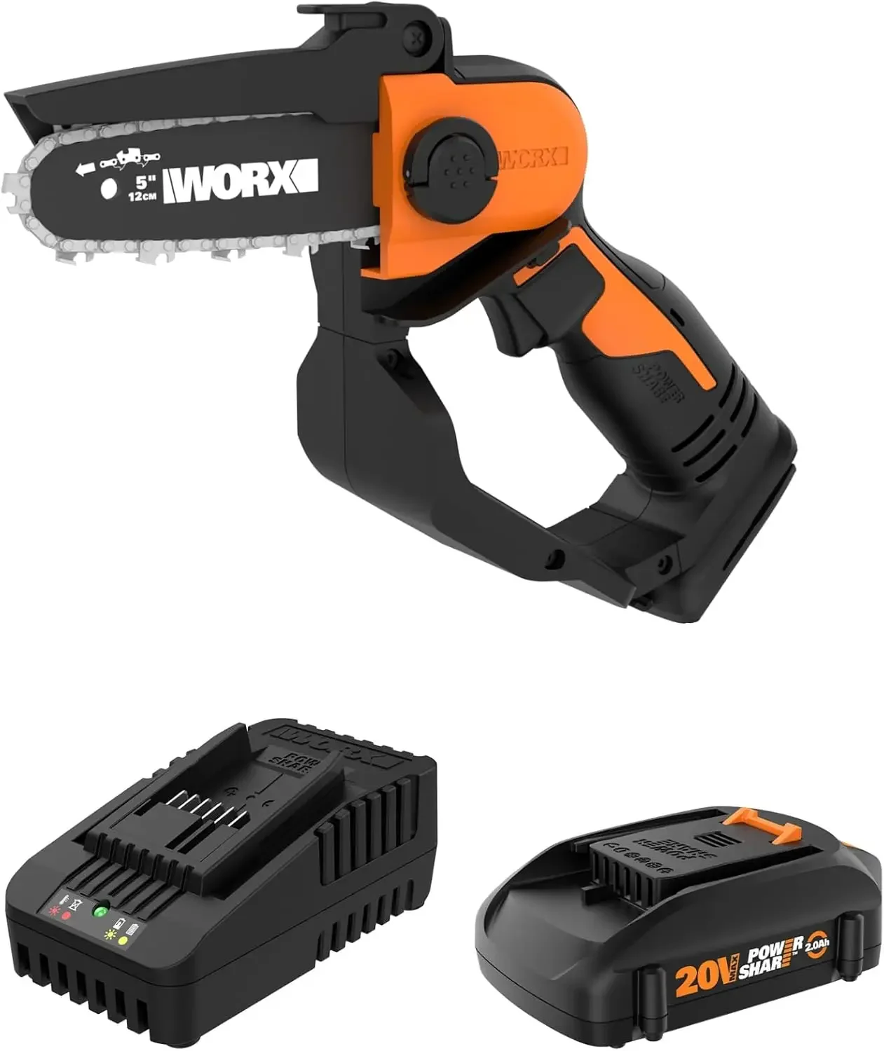 

20V 5" Mini Cordless Chainsaw 3.9 Lbs 22 Ft/s Chain Speed Power Share Battery Upper & Hand Guard WG324 Battery Charger Included