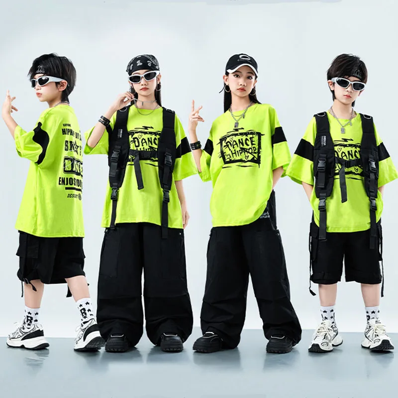 

Kid Kpop Hip Hop Clothing Green T Shirt Black Vest Casual Parachute Cargo Pants Shorts for Girl Boy Jazz Dance Costumes Clothes