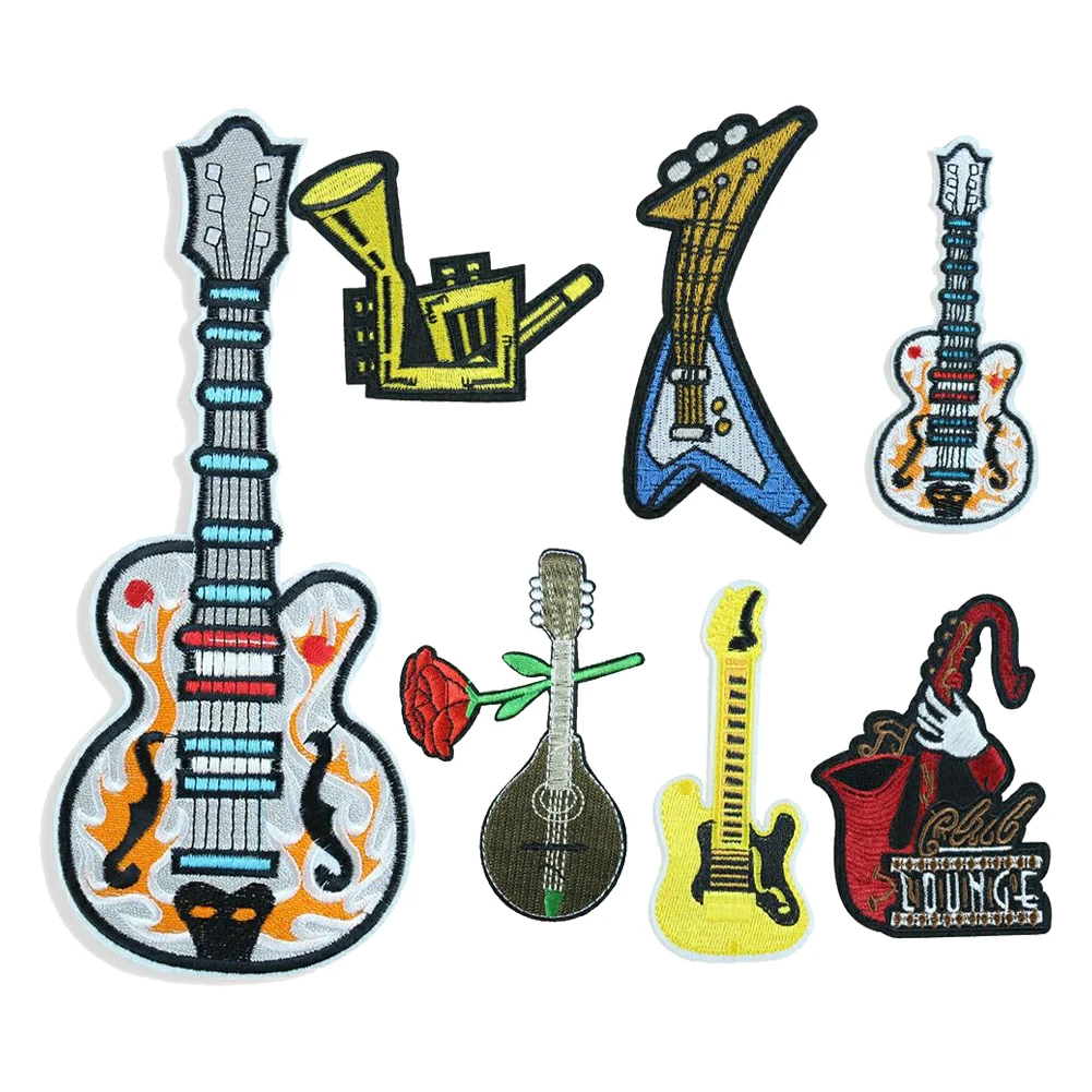 2PC Fashion Embroidery Iron on Applique Patch for DIY Clothes Embellishments Music Guitar Retro Saxophone Recorder Pattern Badge