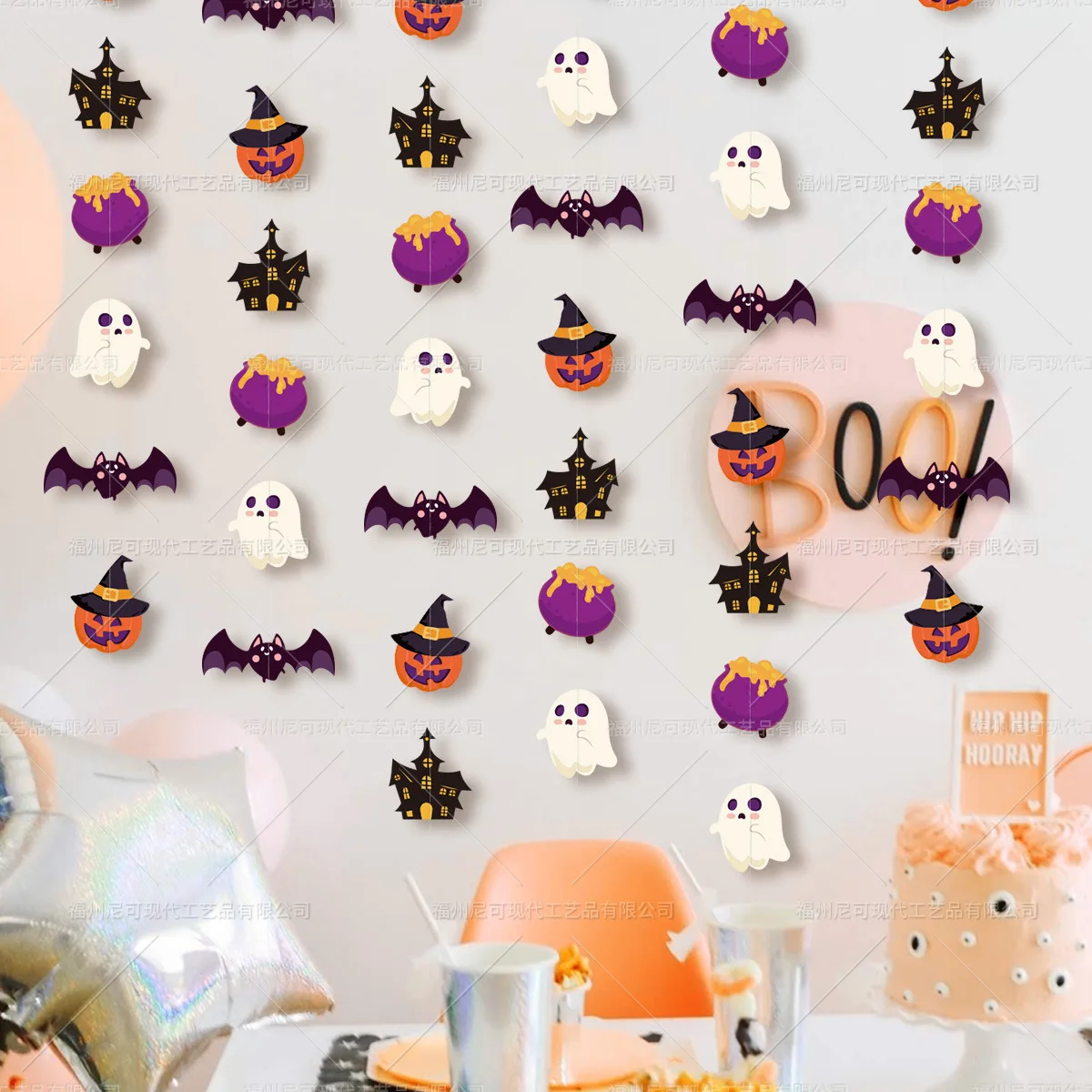 2m Halloween Paper Banner Cartoon Bat Pumpkin Witch Hat Castle Garland Ghost Festival Wall Hanging Pendants Happy Halloween Day