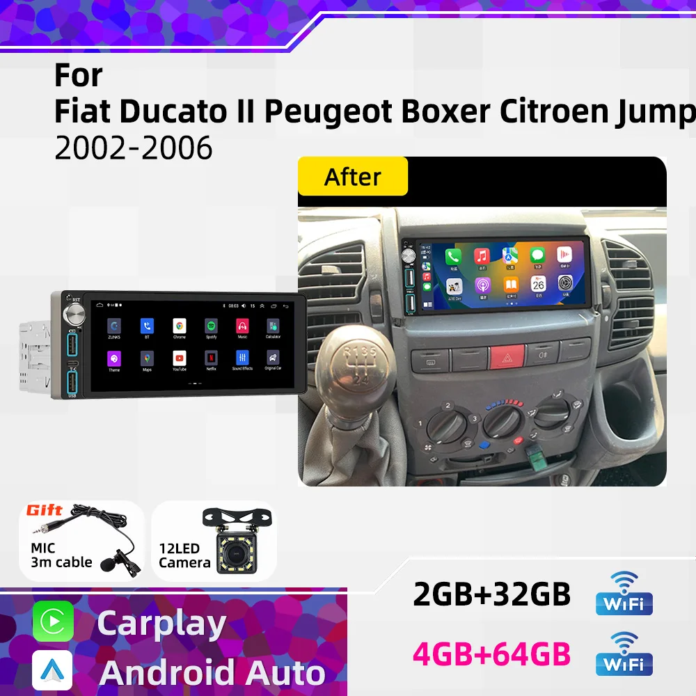 Wireless Carplay Android for Fiat Ducato II Peugeot Boxer Citroen Jumper 2002-2006 1Din Car Stereo GPS Multimedia Radio HeadUnit