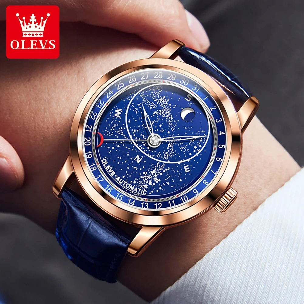 OLEVS 9923 Fashion Mechanical Watch Gift Round-dial Genuine Leather Watchband Luminous