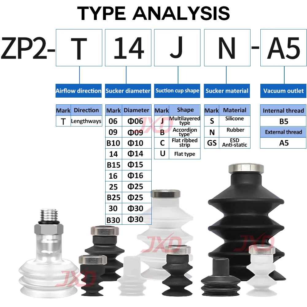 JXD ZP2-J Series Vacuum Bellows Suction Cup 06-30mm Multi-layer Suction Nozzle Pneumatic Accessories for Robot Arm