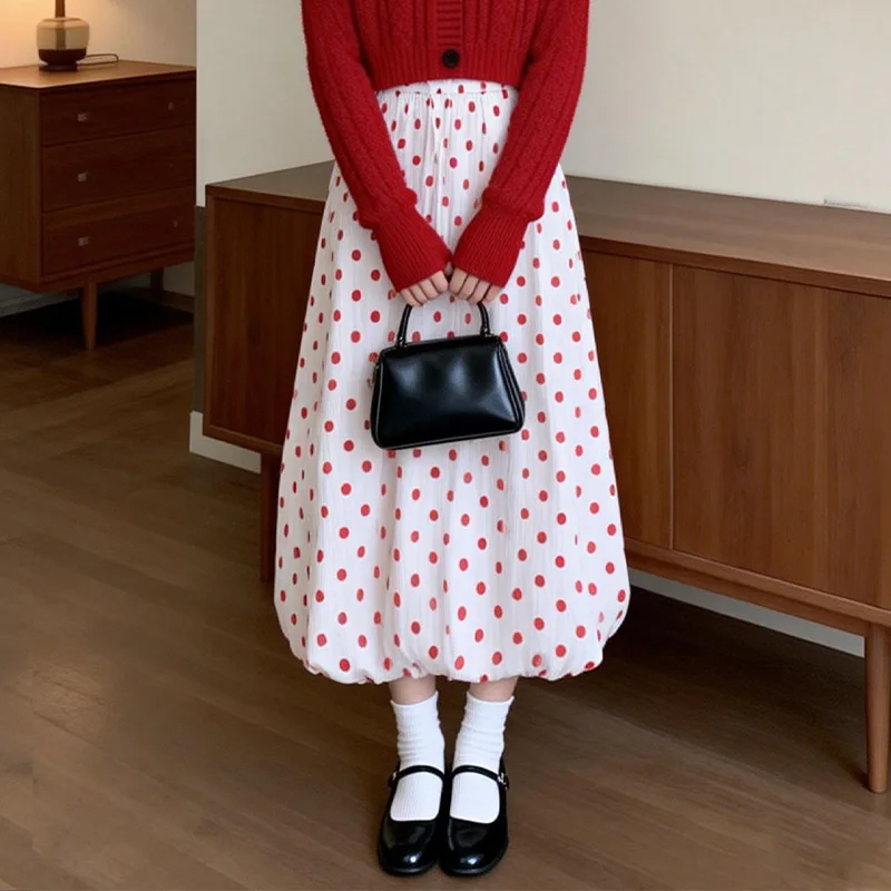 

Bud Skirt Women's Autumn and Winter New Year's Red Wear Polka Dot Bubble Long Dress Loose A-word Skirt