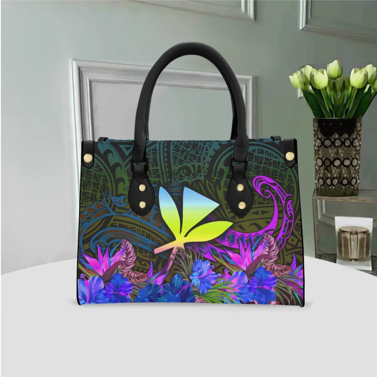 

FORUDESIGNS Tribal Style Ladies Handbags Traditional Tattoo Printing Commuter Bags Hibiscus Flower Design Wrist Bag Noble