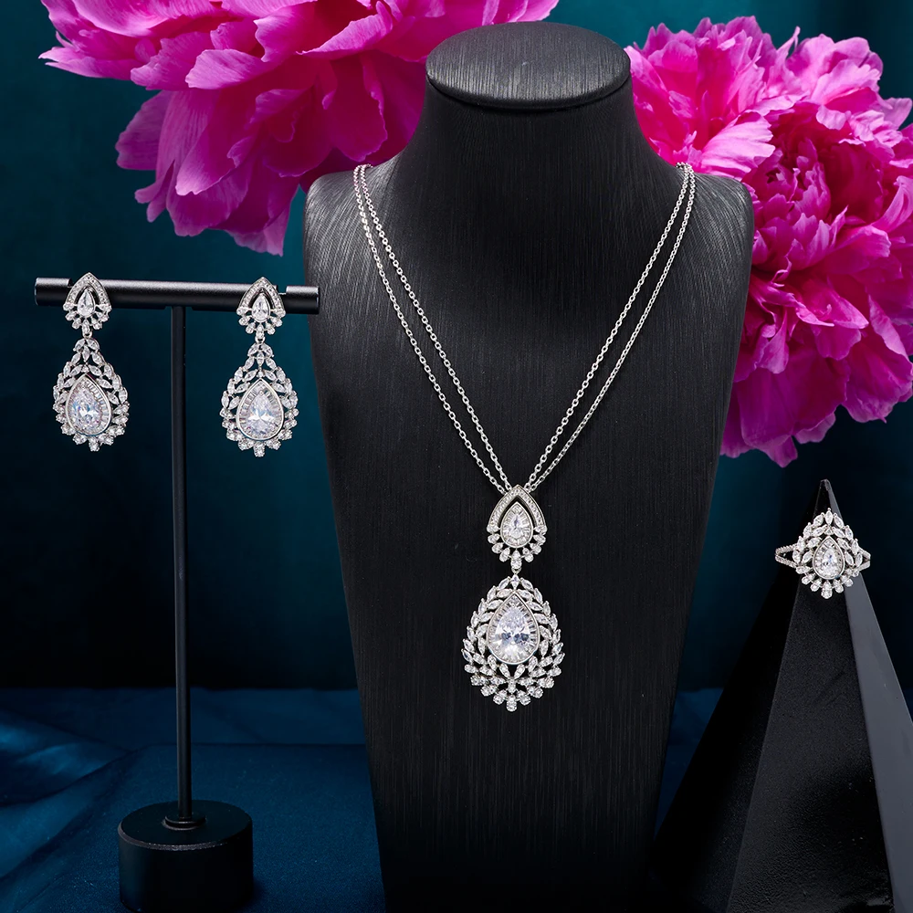 TIRIM 3Pcs Necklace Sets for Women Jewelry Cubic Zirconia Double Chain Necklace /Earrings /Ring Dubai Bridal Party Jewelry