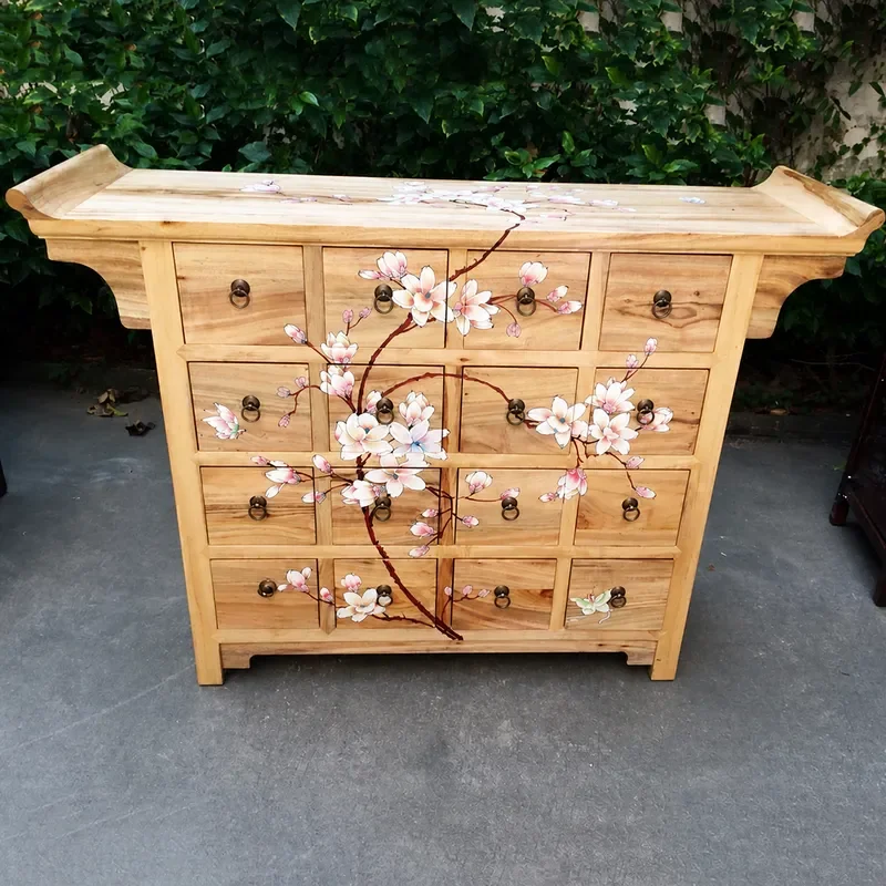 New Chinese Style Camphor Wood Multi Drawer Cabinet Solid Wood Traditional Medicine Storage Creative Hand Painted Warped Head