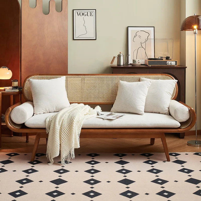 

！@Modern Black Walnut Combined Sofa Japanese Simple Solid Wood Living Room Sofa Luxury Rattan Cloth Sofa Furniture