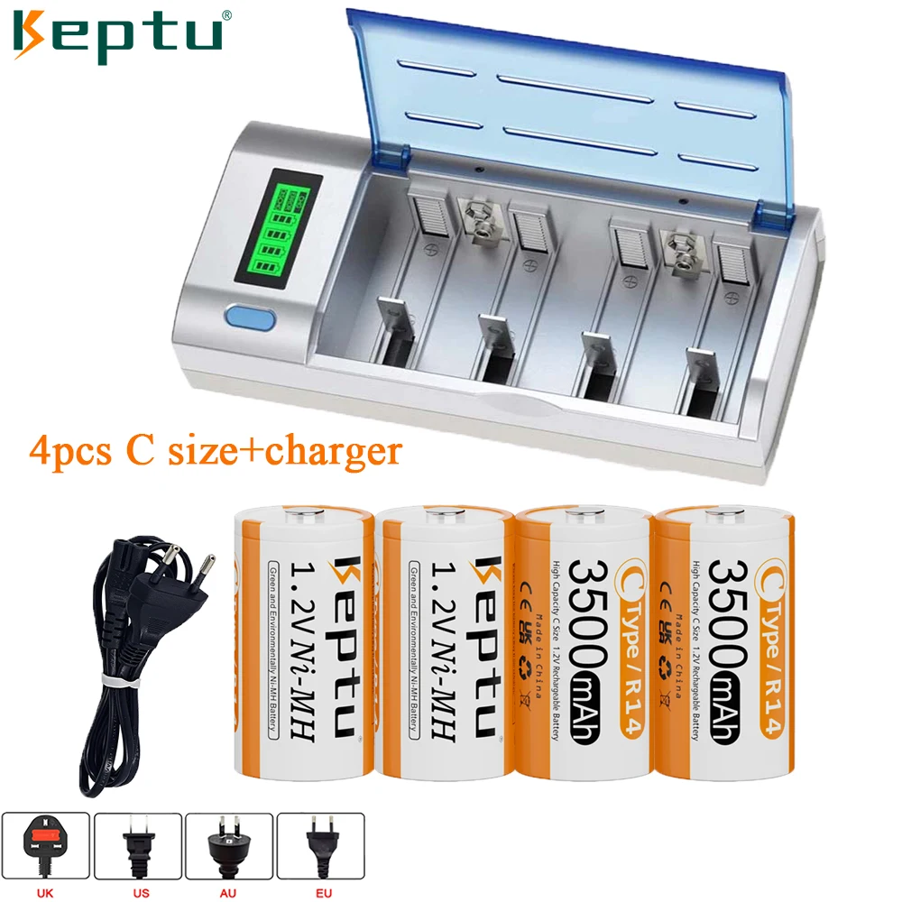 

4PCS KEPTU 1.2V C rechargeable battery R14 C size battery 3500mAh + LCD Smart Charger for 1.2V AA/AAA C/D batteries