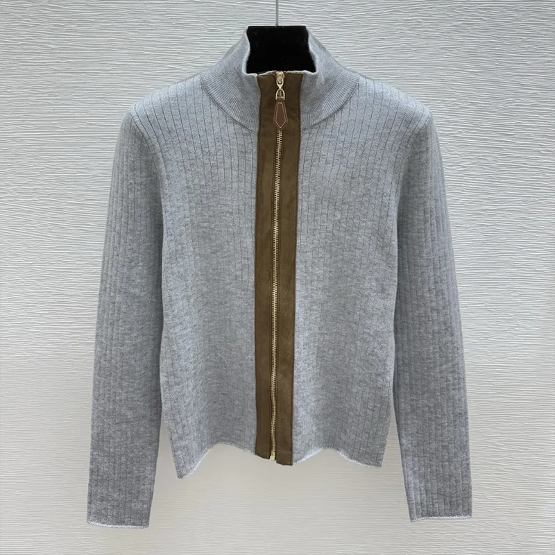 

Роскошный женский кардиган высокого качества с воротником-стойкой на молнии, разноцветным дизайном и тканью для свитера 251004173