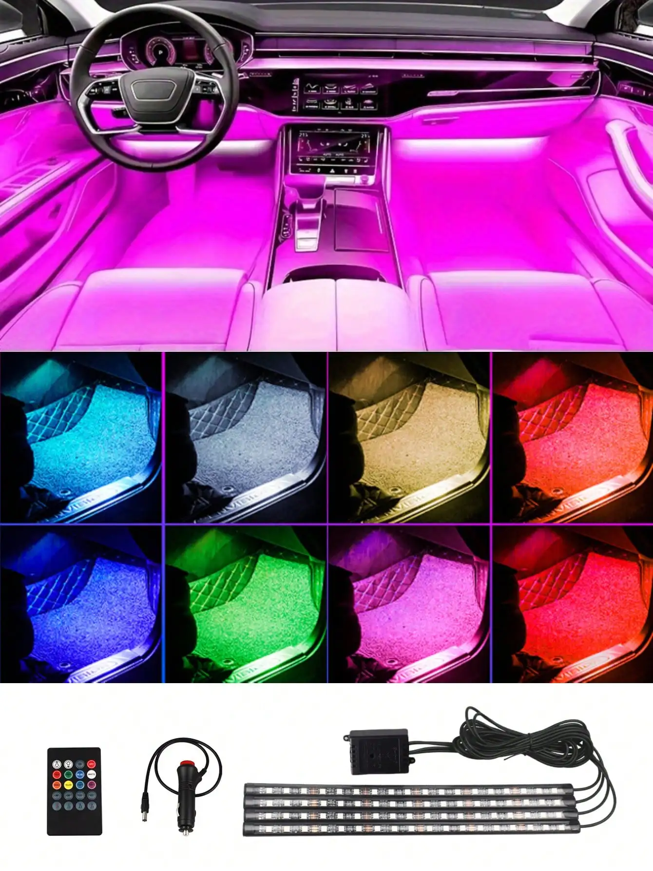 

4PCS RGB Car Interior LED Light Strips with Remote, Music Sync, Waterproof, for All Vehicles