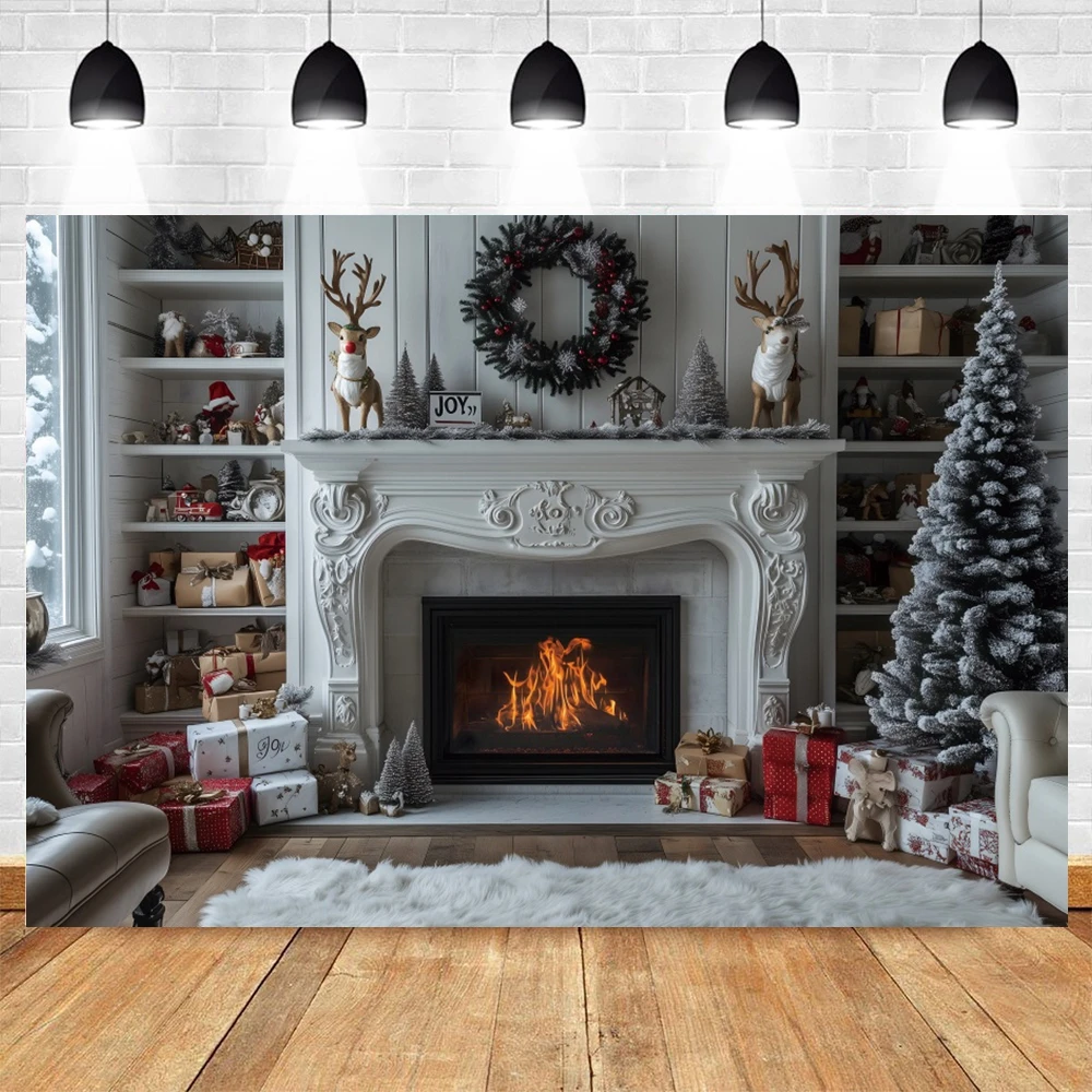 

White Christmas Fireplace Photo Backdrop Winter Xmas Tree Stockings Gifts Background Kids Holiday Party Banner Photosoot Props