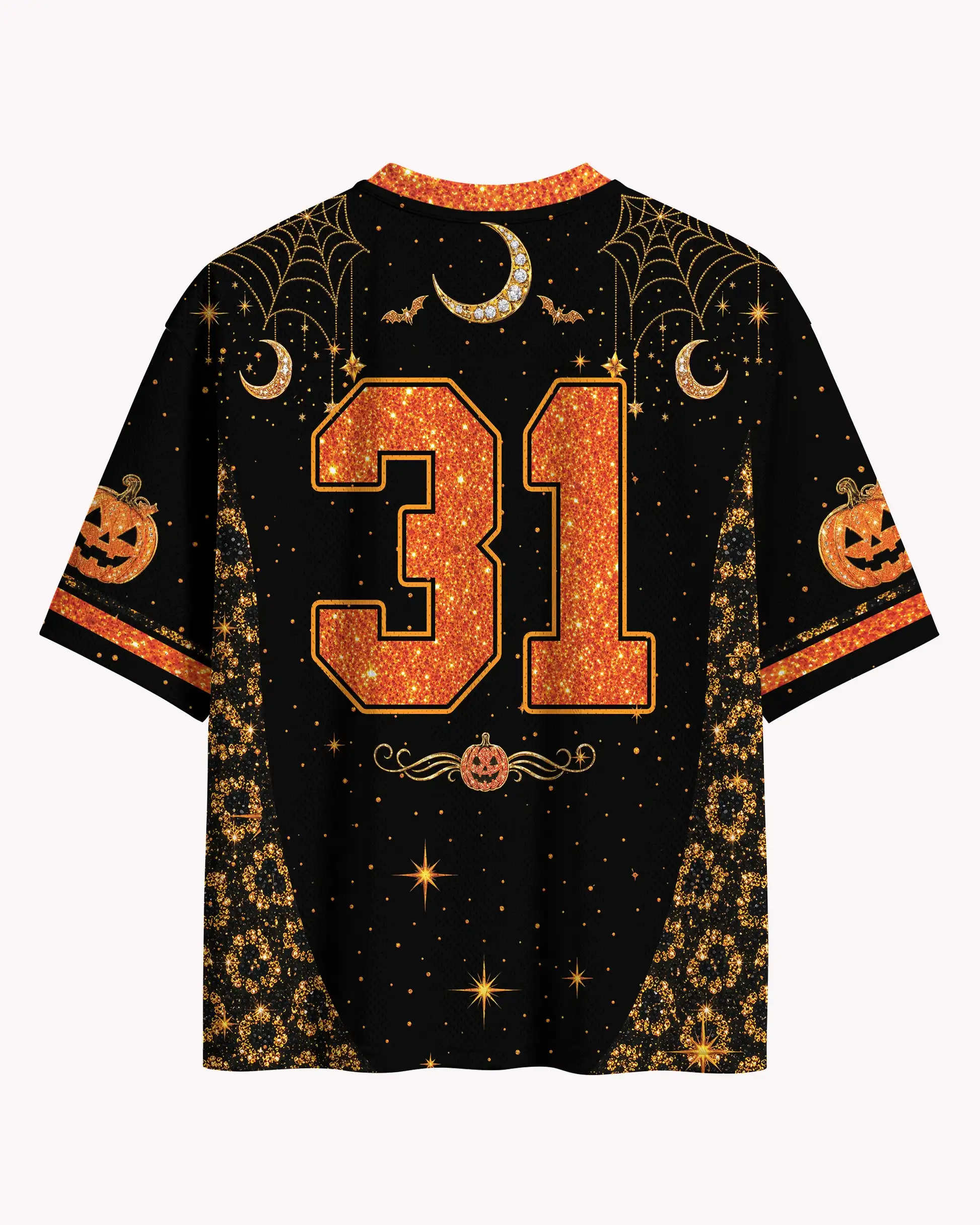V-Neck Mesh Short Sleeve Top, Melanin Magic Halloween Pumpkin Witch Spider Web Graphic Print Casual Shirt