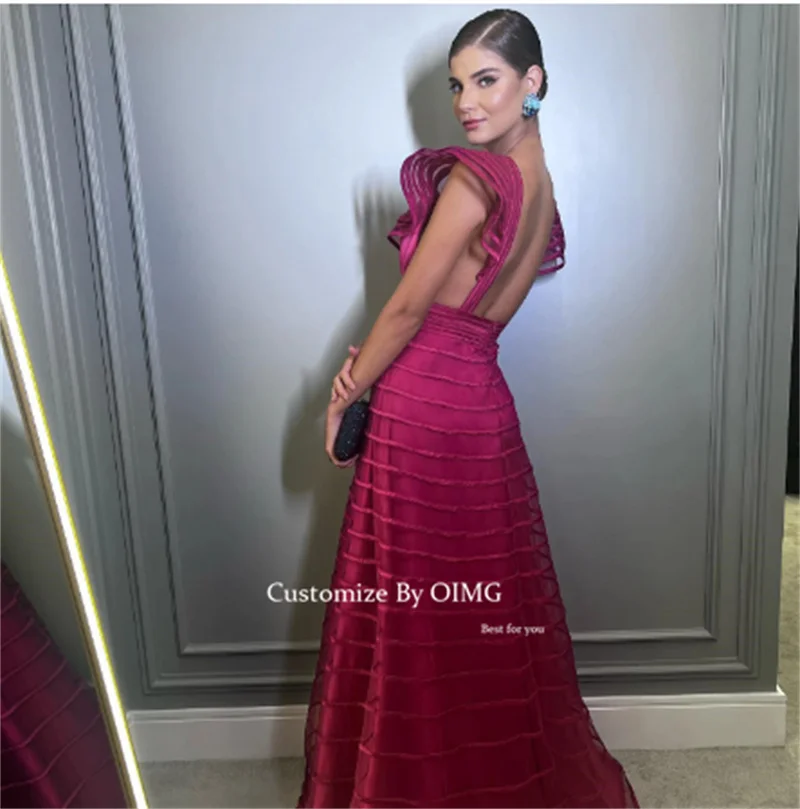 OIMG Fuschia Tulle A Line Long Evening Dresses Saudi Cap Sleeves Elegant Striped Arabic Women Formal Prom Party Gowns Customized