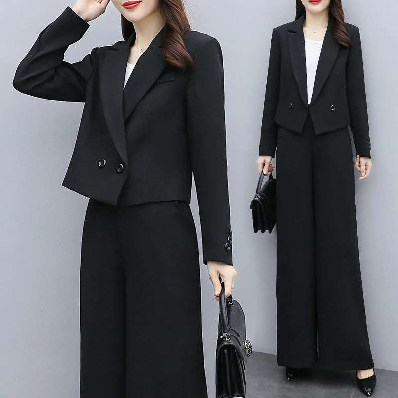 2022 Women\'s New Long-Sleeved Ladies Temperament Thin Goddess Fan Wide-Leg Pants Plaid Professional Suit Lady Blazer Jacket Sets