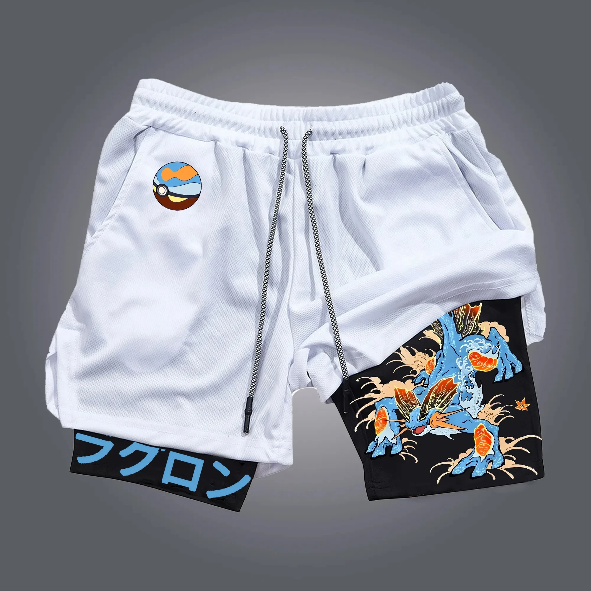 pokemon-jogo-portatil-impresso-shorts-de-dupla-camada-2026-unisex-verao-fitness-respiravel-secagem-rapida-esportes-2-em-1-shorts