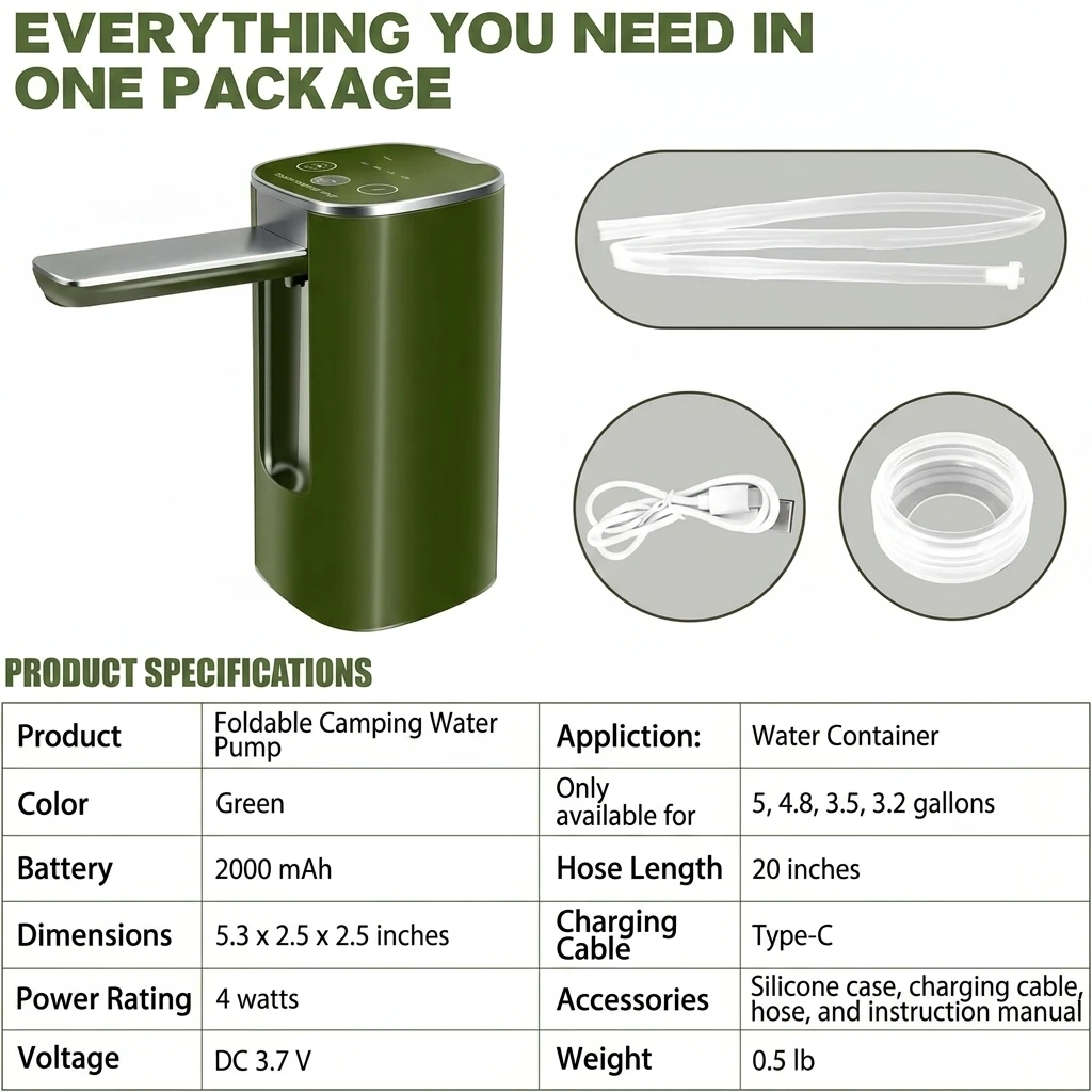 Auto Touch Water Pump for 5/4.8/3.5/3.2Gal, Foldable Faucet, Camping/Hiking/Outdoor, USB-C, Leakproof Lightweight