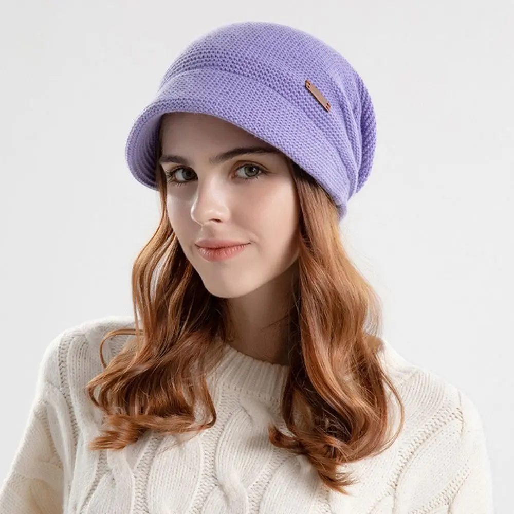 Casual Soft Knitted Hat Fleece Lined Short Brim Bonnet Thickened Keep Warm Ear Protection Outdoor