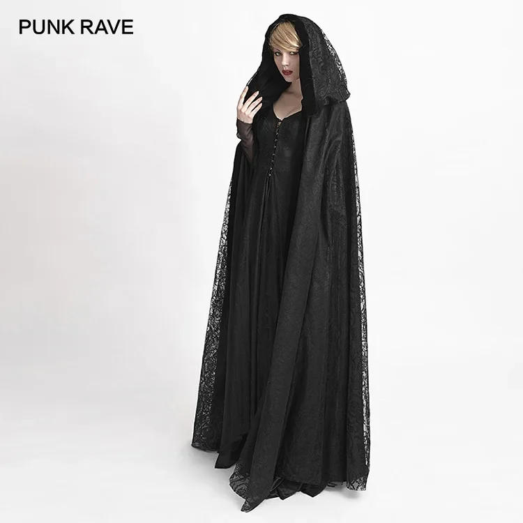 

PUNK RAVE Gothic Style Flower Pattern Velvet Fabric Balck Lace Big Cloak Christmas Hallowmas Club Party Women Cape X-Long Coat