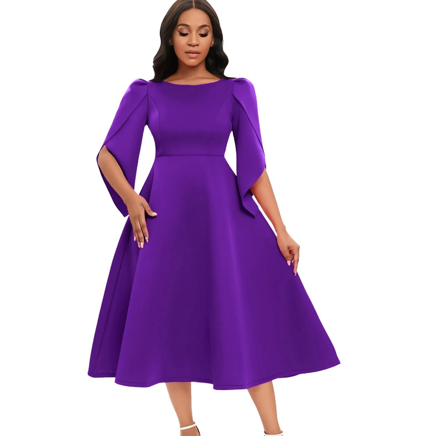 Single Pullover Gown with Full Skirt Elegant Midi Length Zipper Front Three Quarter Sleeve Socialite Style Autumn for Women
