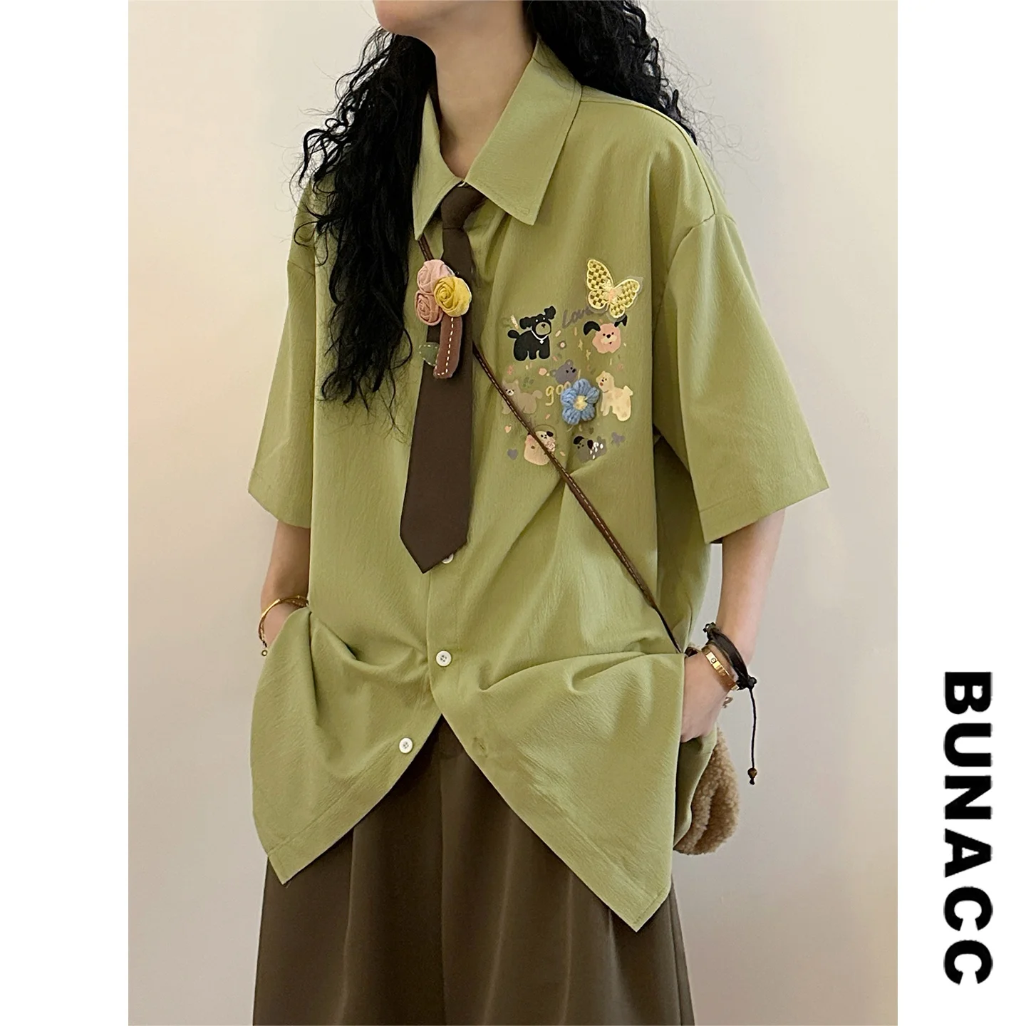 

Loose Fit Cartoon Print Tie Shirt Short Sleeve Unisex Summer Casual Neck Daily Wear Chinese Street Style Fashion Shirt