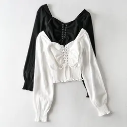 New Women Retro Square Collar Blouses Exposed Bone Short Top Straps Shirts Long Sleeve Palace Style Puff Sleeves Summer T-shirt