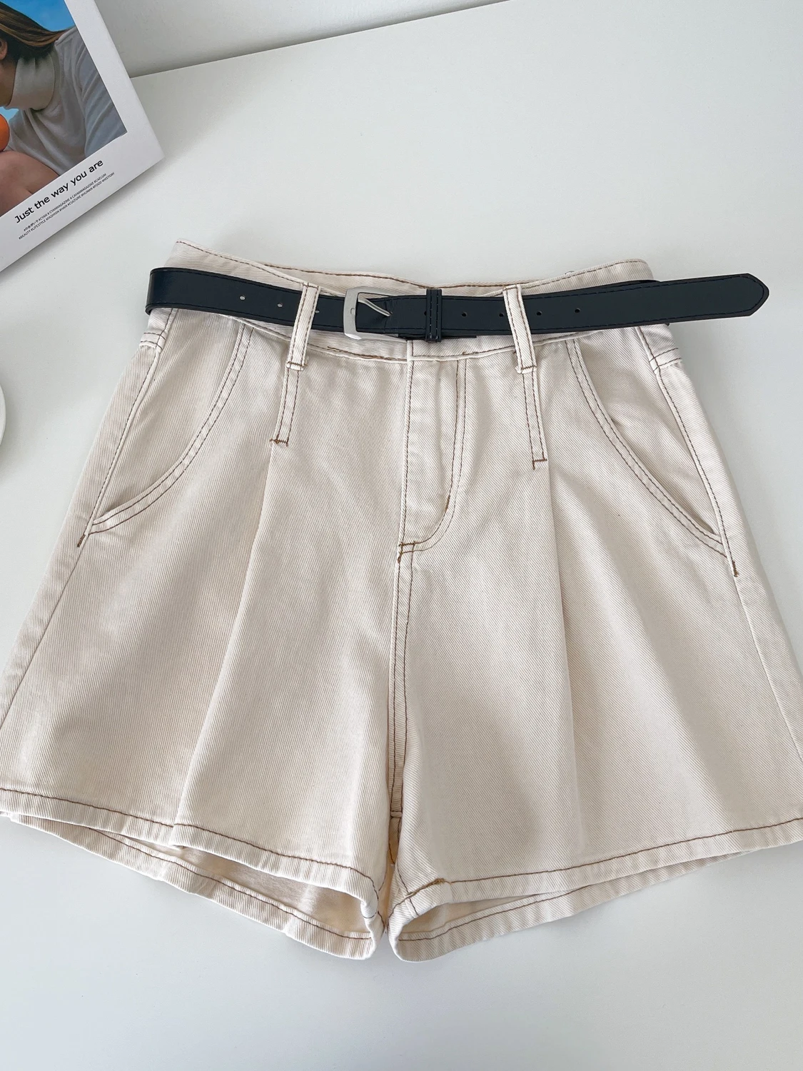 

High Waist Denim orts Women's Summer Casual Design Belted Slimming Wide Leg Pants Hot Pants Zipper Closure Loose Fit