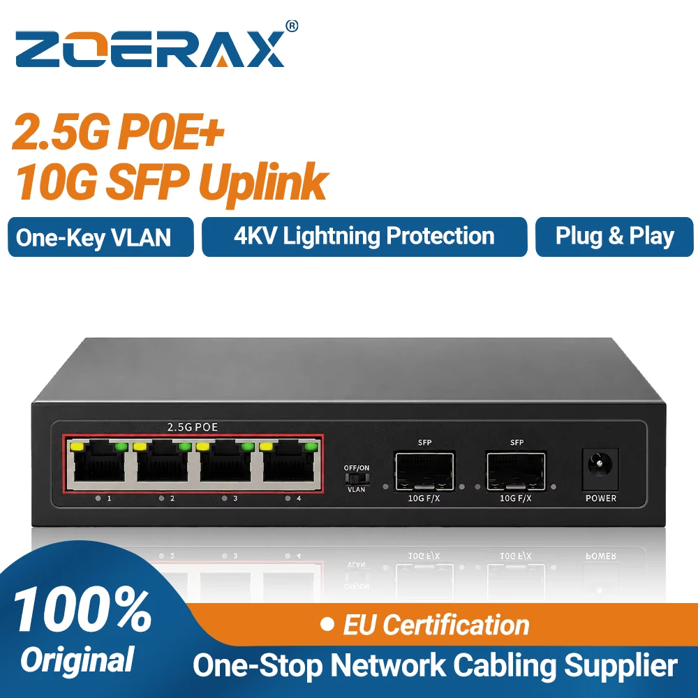 ZoeRax 6-Port POE Ethernet Switch with 4 Port 2.5G and 2 Port 10G SFP Unmanaged One Key VLAN 4KV Lightning Protection