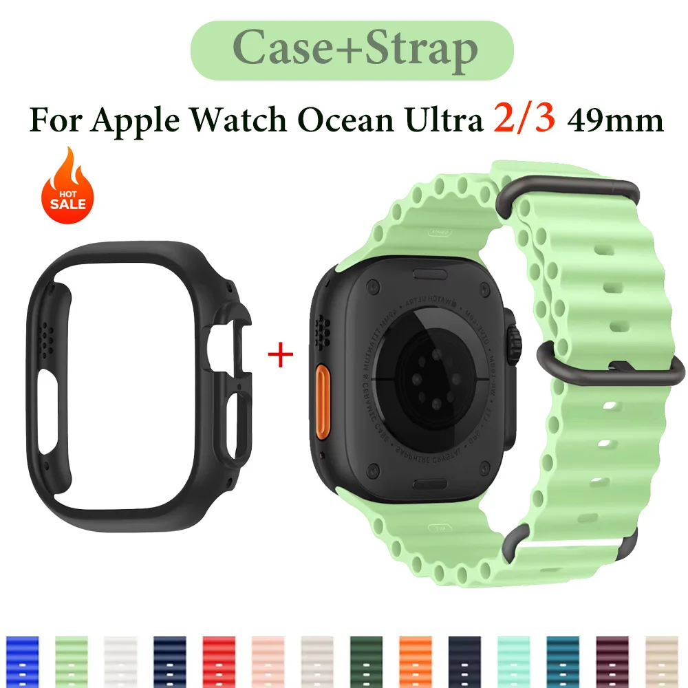 Case+strap For Apple Watch Ultra 2 3 49mm Protector Hollow Hard PC Bumper Shell Accessories for iWatch Series Ultra ocean band