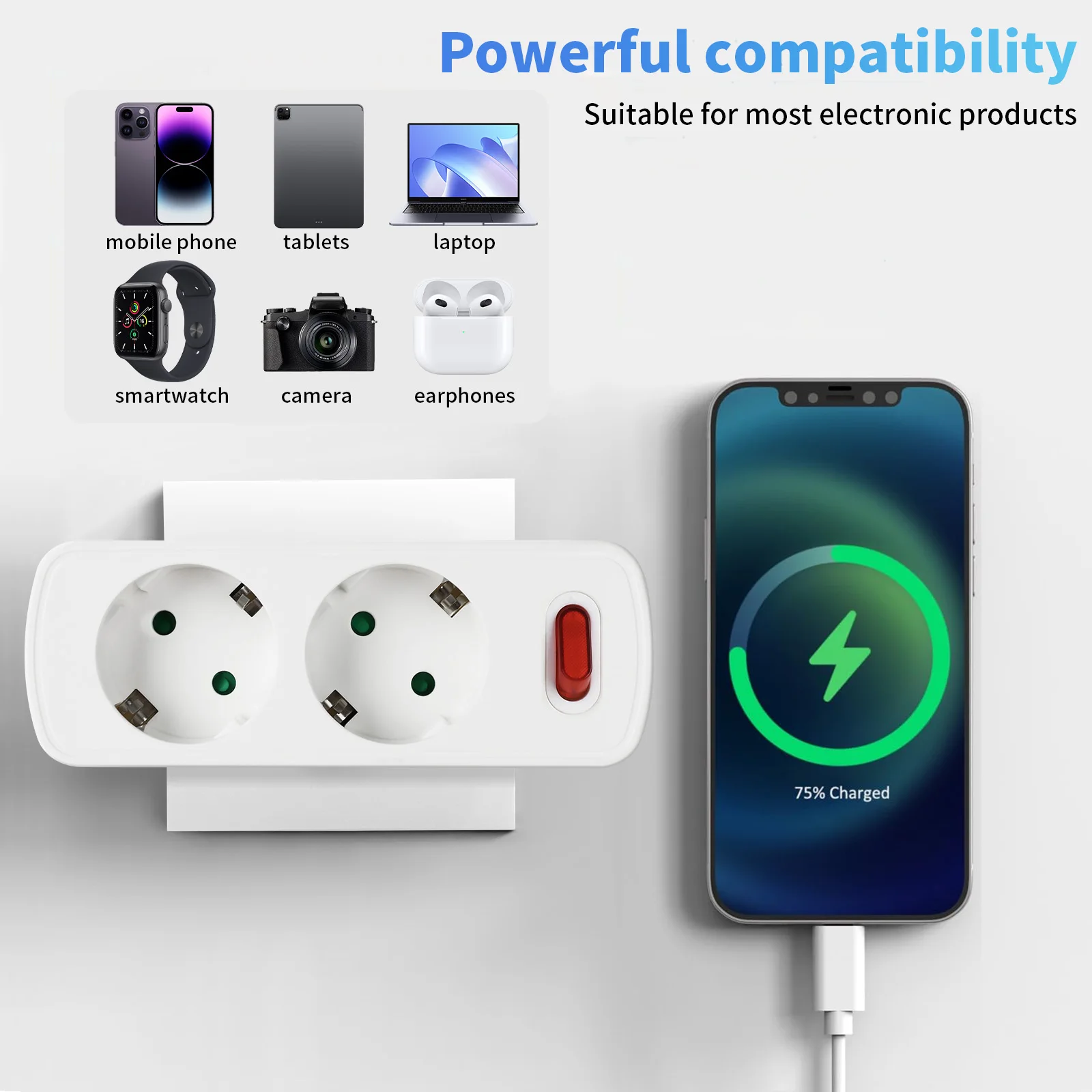 

Черно-белая 2-позиционная розетка переменного тока для домашнего использования с переключателем, европейская вилка-конвертер, сертифицированная CE розетка Rosh