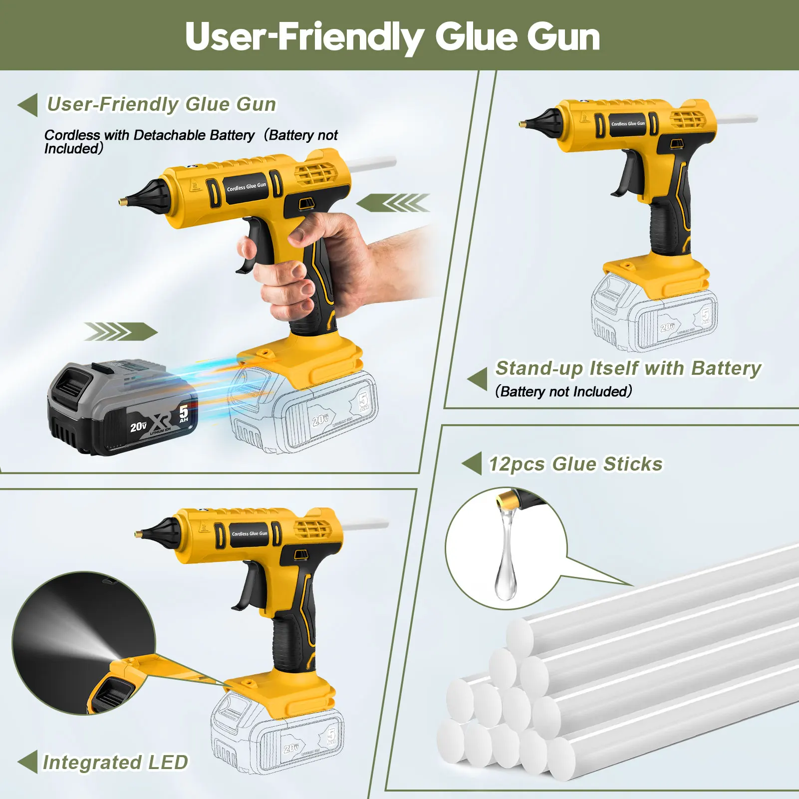 20V Upgraded Cordless Glun Gun Wireless Bondage Eletric Powerful Heavy Duty Glue Gun DIY with 12pcs glue sticks without battery