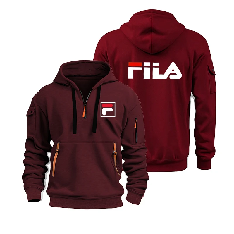Sudadera con capucha deportiva informal de manga larga con múltiples bolsillos y cremallera, estilo holgado, para hombre