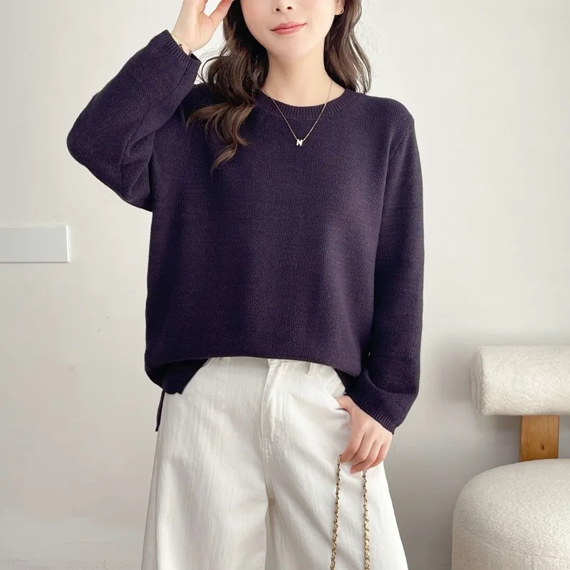 Women Knit Sweater Autumn Winter Round Neck Split Hem Loose Hide Belly Casual Pullover