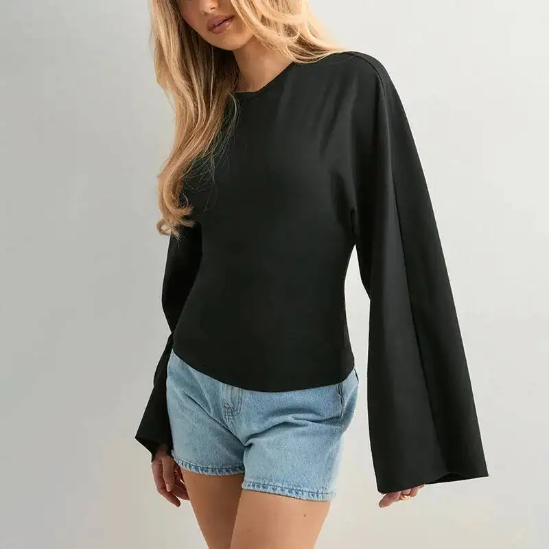 Women T-shirt 2026 Spring New Women's Solid Color Long Sleeve Top Round Neck Regular Shoulder Wide Sleeve Slim Waist Sexy Blouse