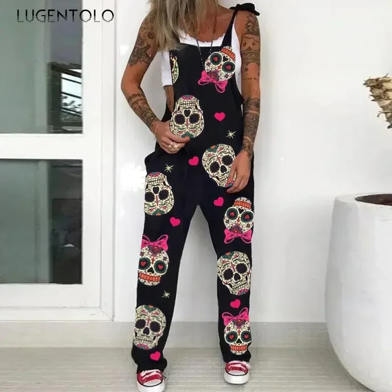 Skull Print Bib Overall Jumpsuit Women Suspenders Casual Spring Summer Female Sleeveless New Fashion Large Size 5XL Streetwear