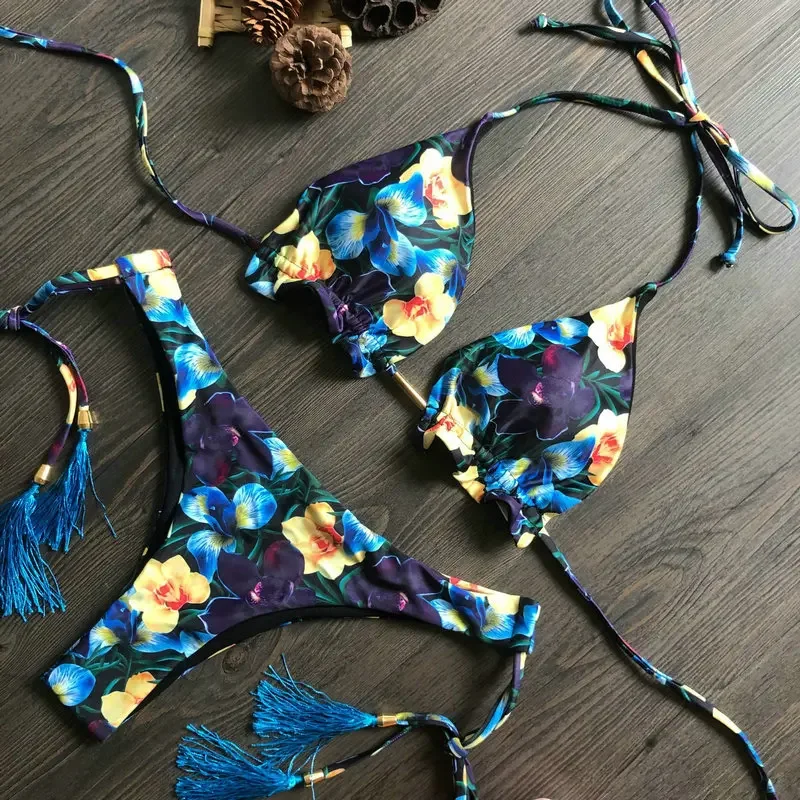 Biquíni feminino 2 peças, sexy, estampa floral, micro biquíni, tanga, bojo, traje de banho, 2020