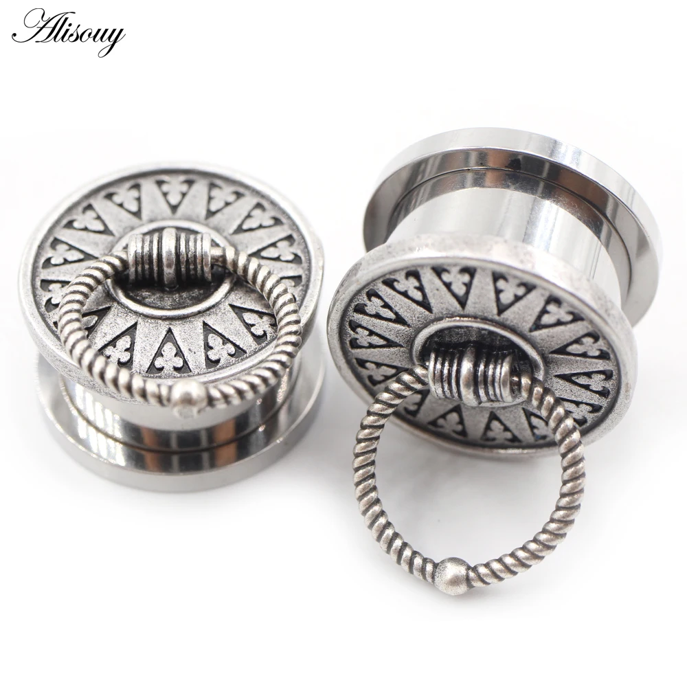 Alisouy 1 Piece Vintage Door Handle Knocker Cricle Stainless Steel Ear Tunnel Plug ExpanderEarrings Piercing Body Jewelry